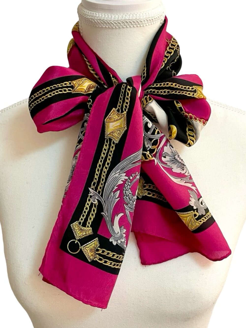 Bill Blass Heraldic Chain Oblong Silk Scarf Pink Black Gold 11 x 50